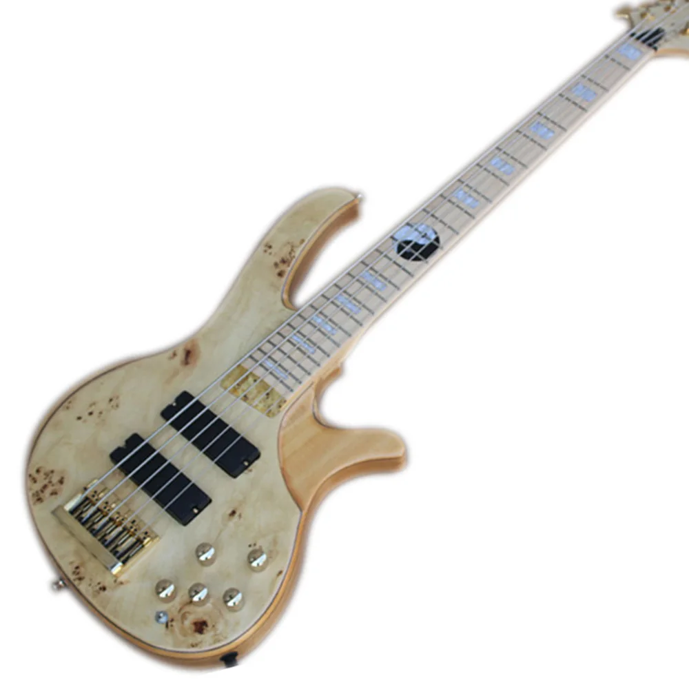 Natural Wood Color Ash Electric Bass Guitar 5 Strings with Maple Fretboard Yin-Yang Inlay Burl Veneer Customizable | Спорт и