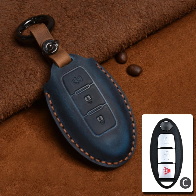 Type C - Blue 1х чехол для ключей из натуральной кожи для Nissan, Infiniti 3 4 кнопки для ключа ФОБ держатель Крышка - Название цвета: Type C - Blue