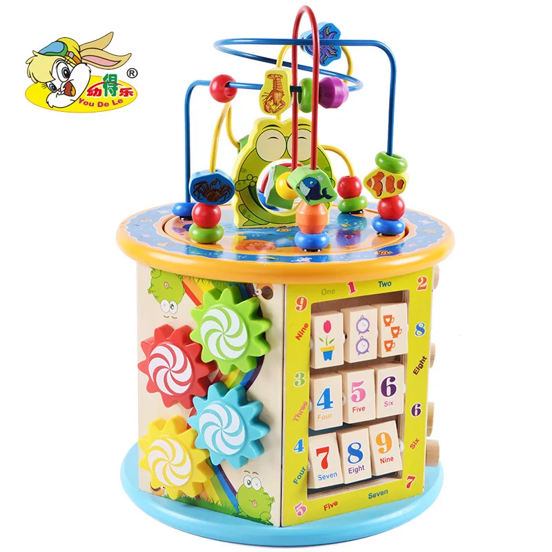 

Children'S Educational Early Childhood Wooden Korean-style Six-Sided Multi-functional Large Size Bead-stringing Toy Beaded Brace