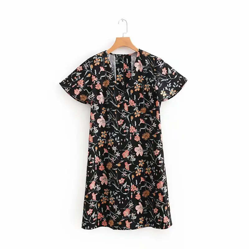 

2018 Spring And Summer Europe And America WOMEN'S Dress Women's V-neck Printed Short-sleeve Dress 8477