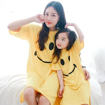 

2020 Summer Casual sleepwear Parent-child outfit dress smile print dress summer round neck nightdress Short sleeve pajamas
