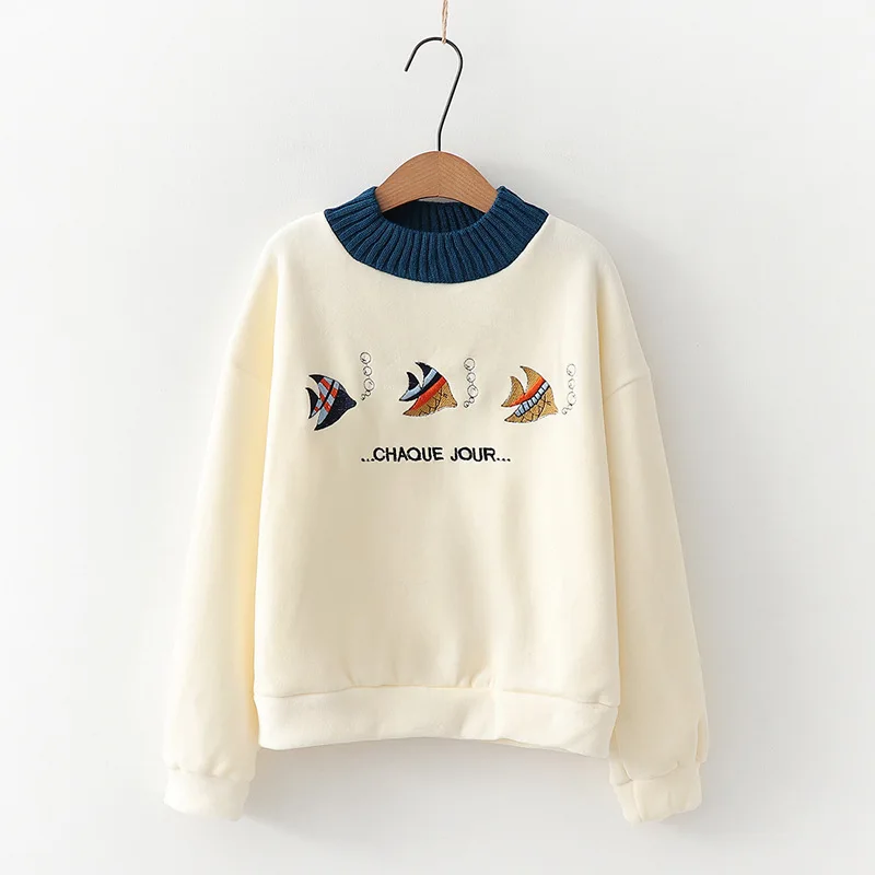 Apricot VEVEFHUANG Autumn Winter New Loose Velvet Hoodies Women Fish Embroidery Sweatshirts Female O-Neck Long Sleeve Warm Pullovers - Цвет: Apricot