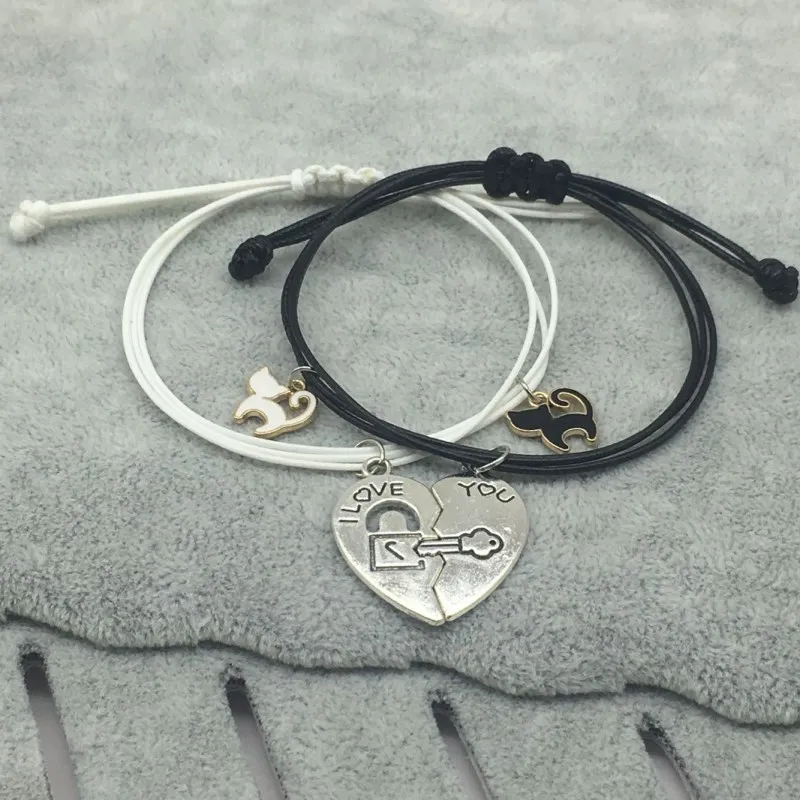 

2pcs Couple Bracelet Cat Love Heart Adjustable String Rope Bracelets for women men Lovers Gift pulseras mujer