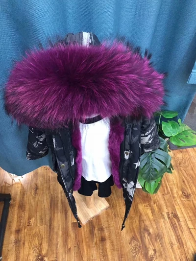 Зимние детские парки с натуральным мехом Куртка с граффити меховые куртки для мальчиков теплая одежда для девочек съемная подкладка из меха кролика - Цвет: Black Voilet Fur