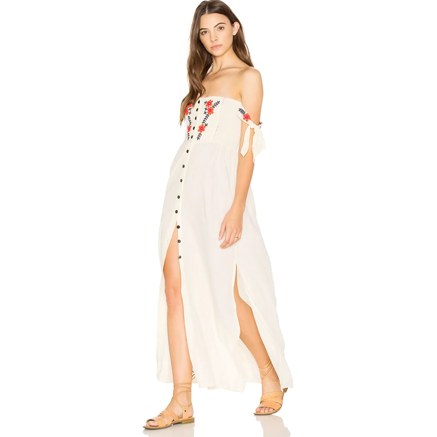 

Floral Embroidery Women Dress Off the Shoulder Split Summer Dress Cardigan Boho Gypsy Romantic Cotton Long Sexy Dresses Vestidos