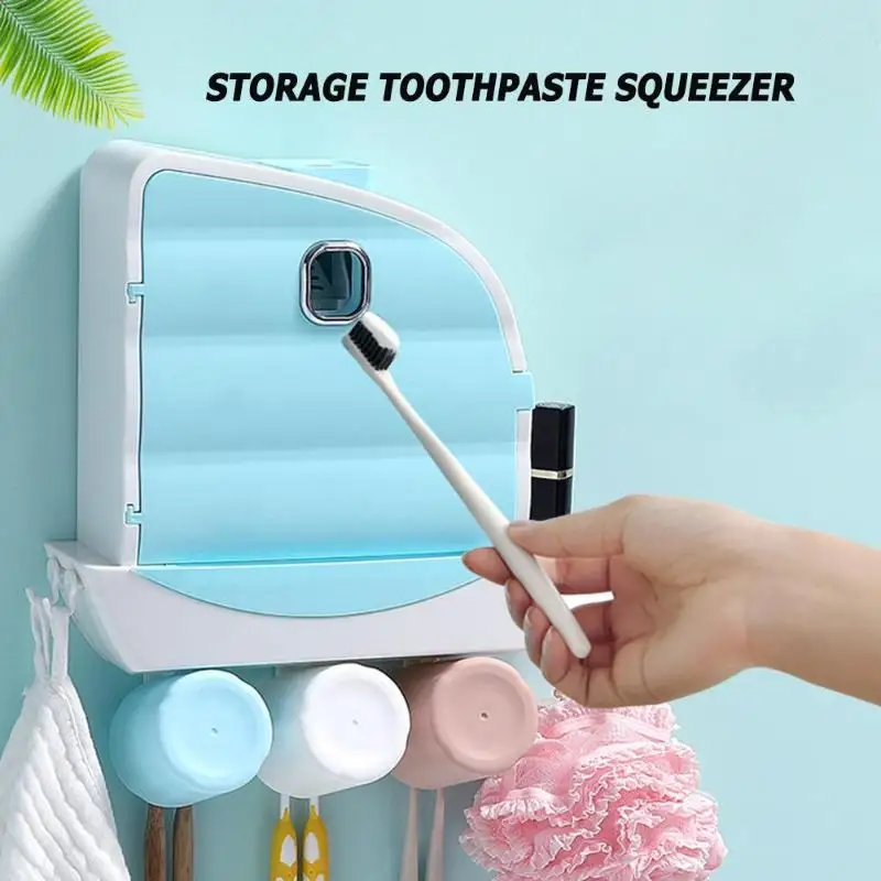 

Wall Hanging No Punch Storage Rack White/Blue Wash Cups Towel Toothbrush Box Toothpaste Squeezer Bathroom Accessories