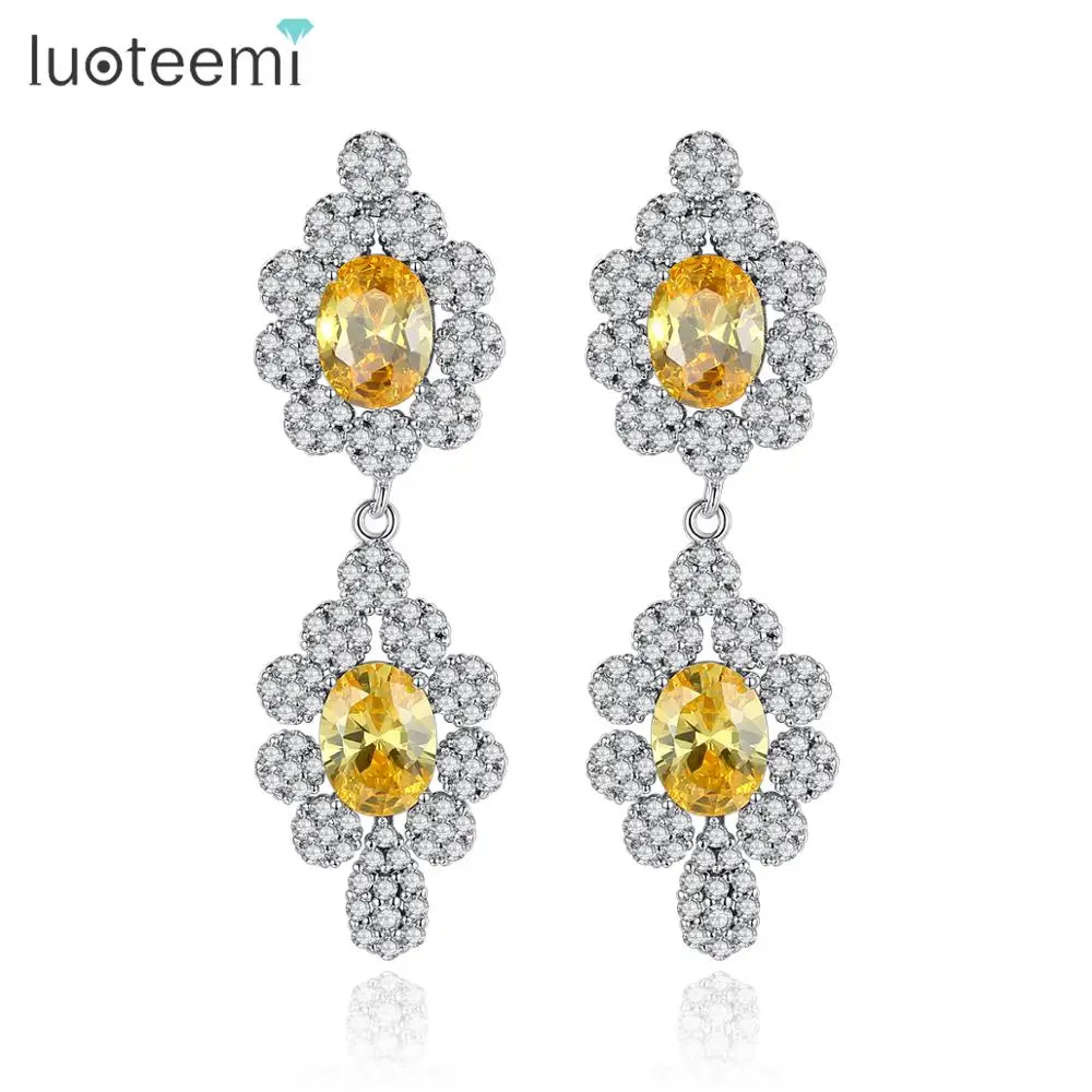 

LUOTEEMI Noble Flower Long Drop Earrings for Women Girls Wedding Party AAA Yellow or Clear CZ Luxury Fashion Jewelry Brincos