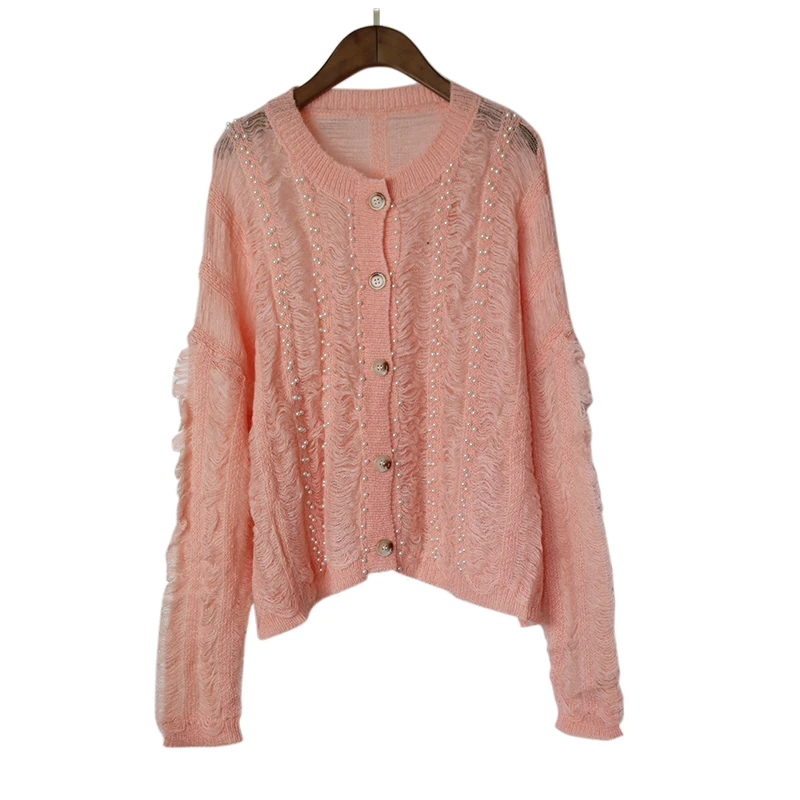 

Sweet Sweater Women Autumn Thin Knitted Cardigan Jacket Korean Beads Hollow Out Sweater Coat New O-neck Knitwear Tops