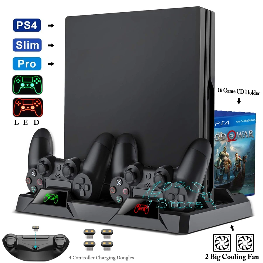  PS4 Pro Slim Console Stand Cooling Fan Controller Charger Charging Dock Games CD Storage Play Stati