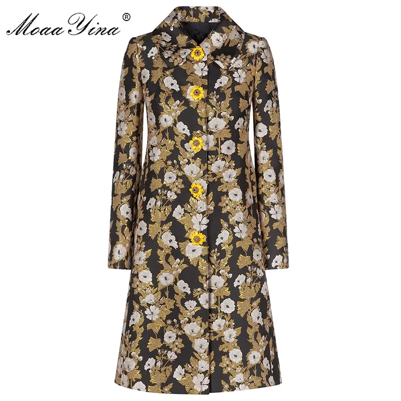 MoaaYina Fashion Windbreaker Overcoat Autumn winter Women Long sleeve luxurious Gold Line Jacquard Vintage Elegant Overcoat - Цвет: Многоцветный