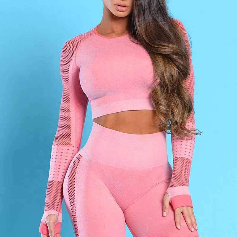 

Knitted Women Crop Top Yoga Top Thumb Hole Long Sleeve Yoga Shirts Breathable Running Fitness Workout Training Top Shirts