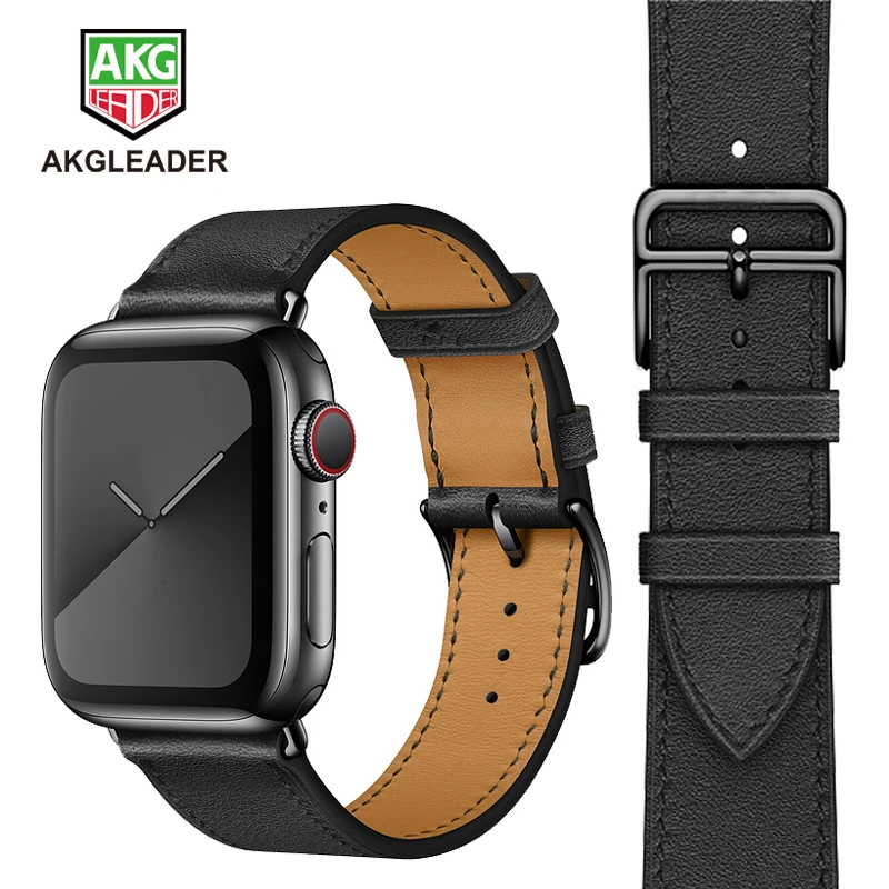 Najtaniej AKGLEADER bransoletka dla Apple obserwować serii 5 4 40 44mm Watchband Genunine skóry czarny klamra Wrst pasek do apple Watch 3 2
