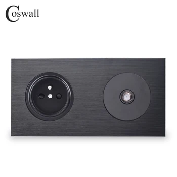 

Coswall Luxurious Aluminum Metal Panel Black French Standard Wall Socket + 1 Gang Satellite Connector 172*86mm R12 Series