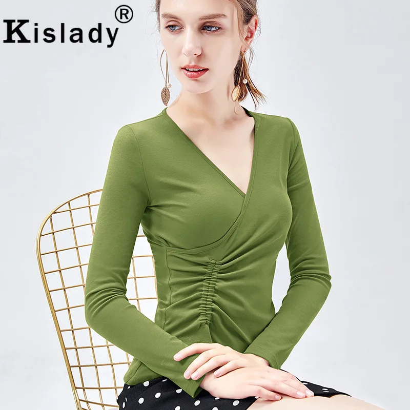 Женская Асимметричная рубашка с глубоким v образным вырезом kisady приталенная