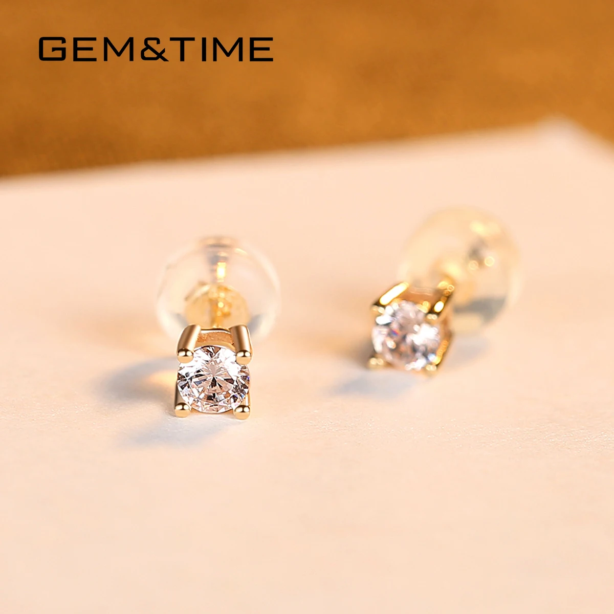 Gem& Time, чистое золото 14 к, 4 зубца, белые серьги с цирконием кубической огранки для женщин, серьги для свиданий, желтое золото, хорошее ювелирное изделие, подарок E14136