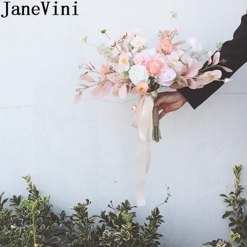JaneVini Ins, розовые Искусственные букеты для подружек невесты, свадебные букеты, шелковые листья розы, свадебные цветы для невесты, держатель для рук, rosa flor