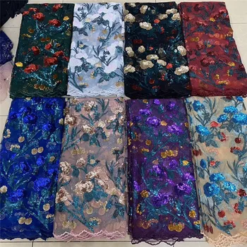 

2020 African sequins Lace Fabric Embroidered Nigerian Laces Fabric Purple High Quality Gold French Tulle Lace Fabric For Women