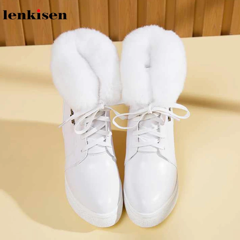 

Lenkisen lace up rabbit hair snow boots genuine leather round toe height lncreasing thick bottom keep warm women ankle boots L36