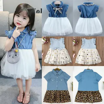 

Brand 2020 Summer Baby Girls Denim Dress Retro Leopard Mesh 2 3 4 5 6 7 Age Princess Vestidos Dresses for Kids Girl Casual Dress