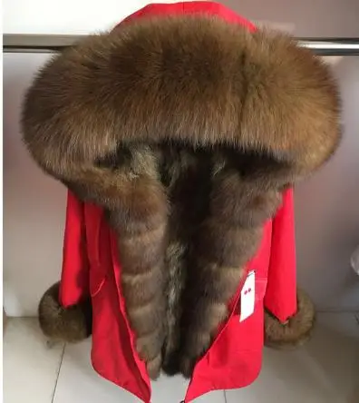 Роскошное пальто, парка из натурального меха, зимняя куртка, женское длинное пальто, подкладка из натурального Лисьего меха, съемный большой натуральный мех енота, воротник с капюшоном - Цвет: fox fur collar