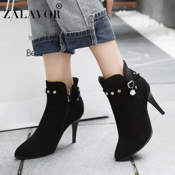 

ZALAVOR Plus Size 33-45 Women Ankle Boots Fashion Rivets Zipper Keep Warm Winter Shoes For Women Sexy Fur High Heel Boots