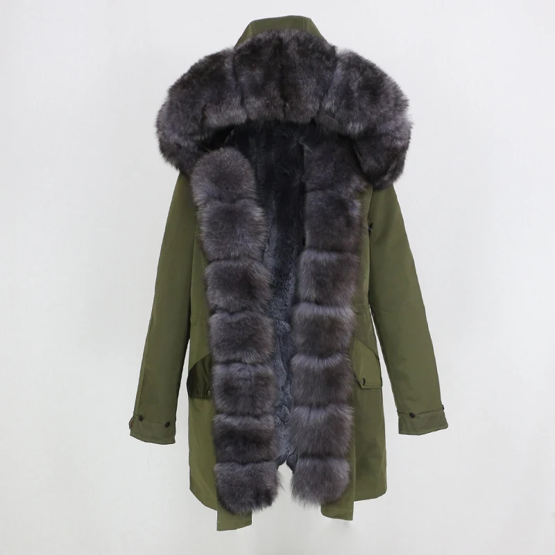 green dark grey Женское пальто с натуральным мехом OFTBUY, чёрная куртка с воротником из натурального лисьего меха, водонепроницаемая длинная парка, теплая уличная верхняя одежда со съемным мехом для зимы - Цвет: green dark grey