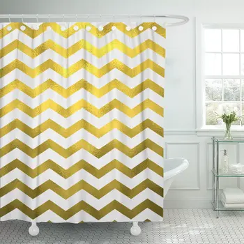 

Preppy Faux Gold on White Chevron Pattern Zig Zag Shower Curtain Polyester 72 x 78 inches Set with Hooks