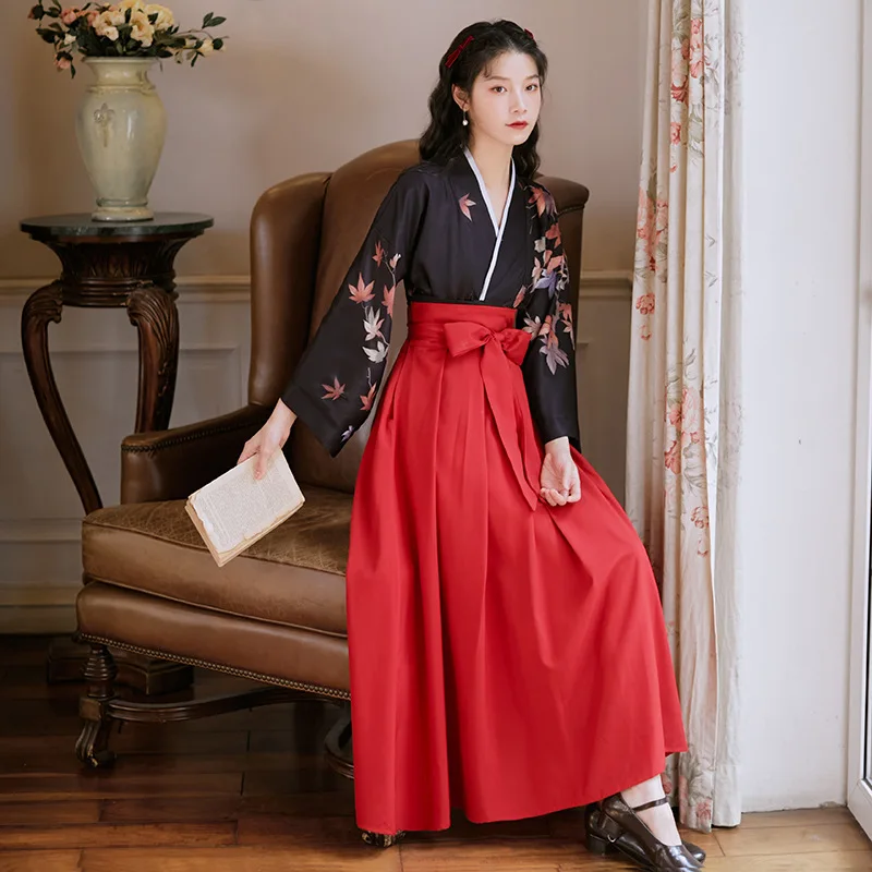 delincuencia cumpleaños Negociar Conjunto de ropa tradicional Kimono japonés para mujer, camisas con  estampado de hojas de Geisha, traje de fiesta de hadas antiguo Vintage para  niña, faldas Rojas - AliExpress Novedad y uso especial