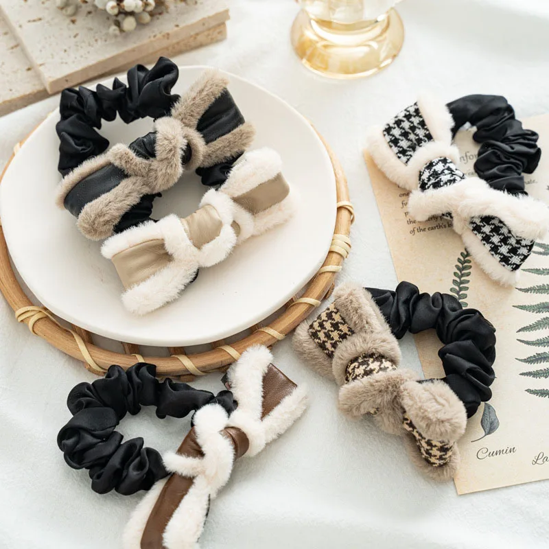 

Autumn Winter Scrunchies Big Bow Hair Rope Faux Rabbit Fur Leather Plaid Hair Ring Sweet Cute Wide Brim Hair Accessories