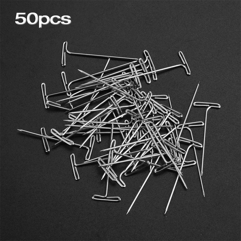 50 Pieces Steel T-pins 1.2 inch for Blocking Knitting, Modelling and Crafts Wig Making Pins Needles Set T-pins Hair Needles tool