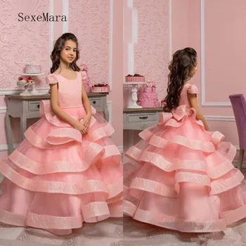 

Pink Tiered Tulle Sequined Flower Girl Dress for Wedding Cap Sleeves Little Girls Pageant Gowns with Bow Custom Made Jewel Neck