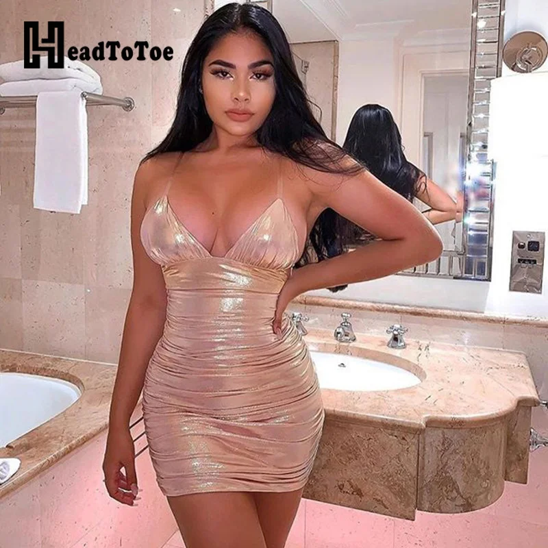 

Sexy Spaghetti Strap V Neck Backless Women Party Dress Reflective Pleated Female Clubwear Mini Bodycon Dresses