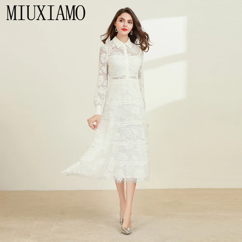 MIUXIMAO высокое качество Весна и лето кружевное повседневное длинное платье с цветочным принтом офисное женское платье vestido
