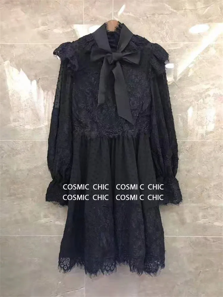 Cosmicchic рюшами кружевное платье с вышивкой Элегантные Для женщин Сетчатое платье с бантом в стиле пэчворк Vestidos с длинными Фонари рукав Винтаж в богемном стиле Вечерние платья