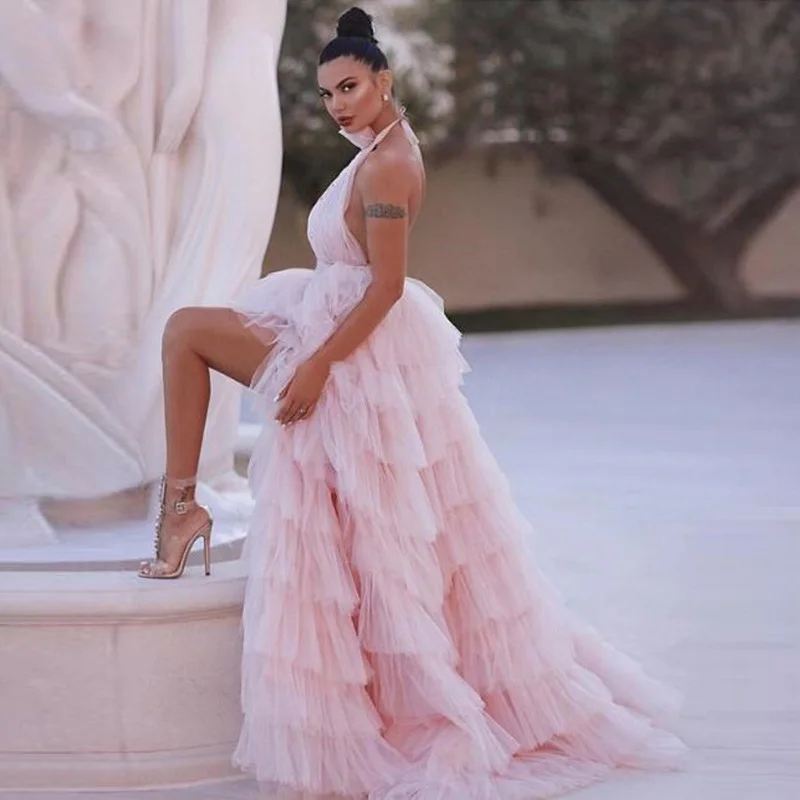 Vestidos de fiesta милые розовые многоуровневые тюлевые вечерние платья с сексуальными бретельками с высоким вырезом и без спинки модное арабское длинное платье для выпускного