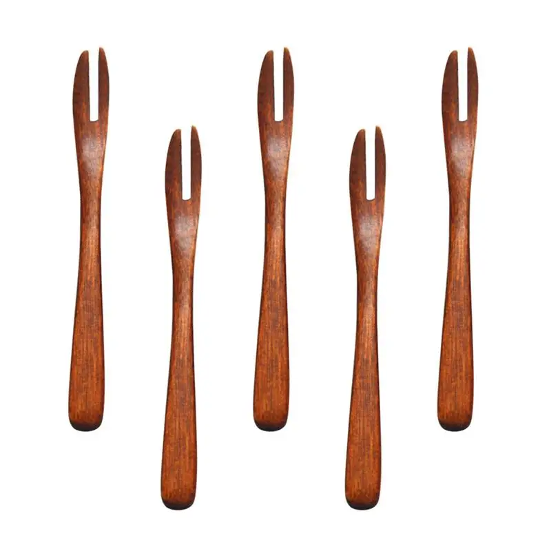 5pcs Fruit Forks Eco-Friendly Wooden Two Tooth Forks Reusable Dessert Forks Party Supplies Salad Picks For Home Bar Restaurant