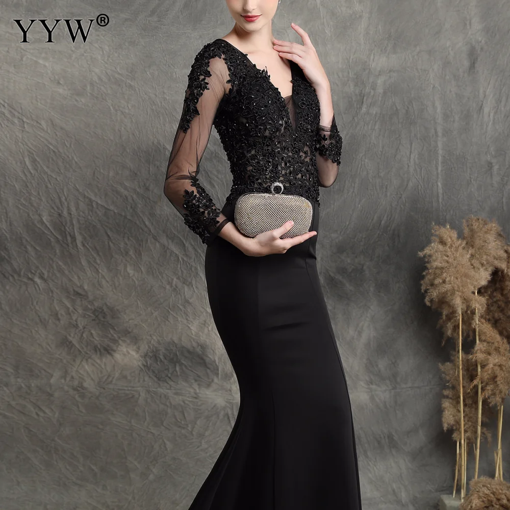 Women Evening Dress V Neck Applique Mesh Sleeve Sexy Robe De Soiree Backless Mermaid Elegant Long Party Dress Femme Formal Gowns