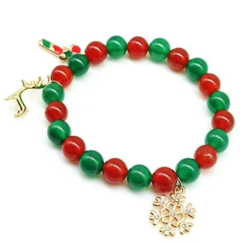 

Unique Christmas Gift Light Yellow Gold Color Snowflake Connect Red and Green Agates Round Beads Stretchy Bracelet