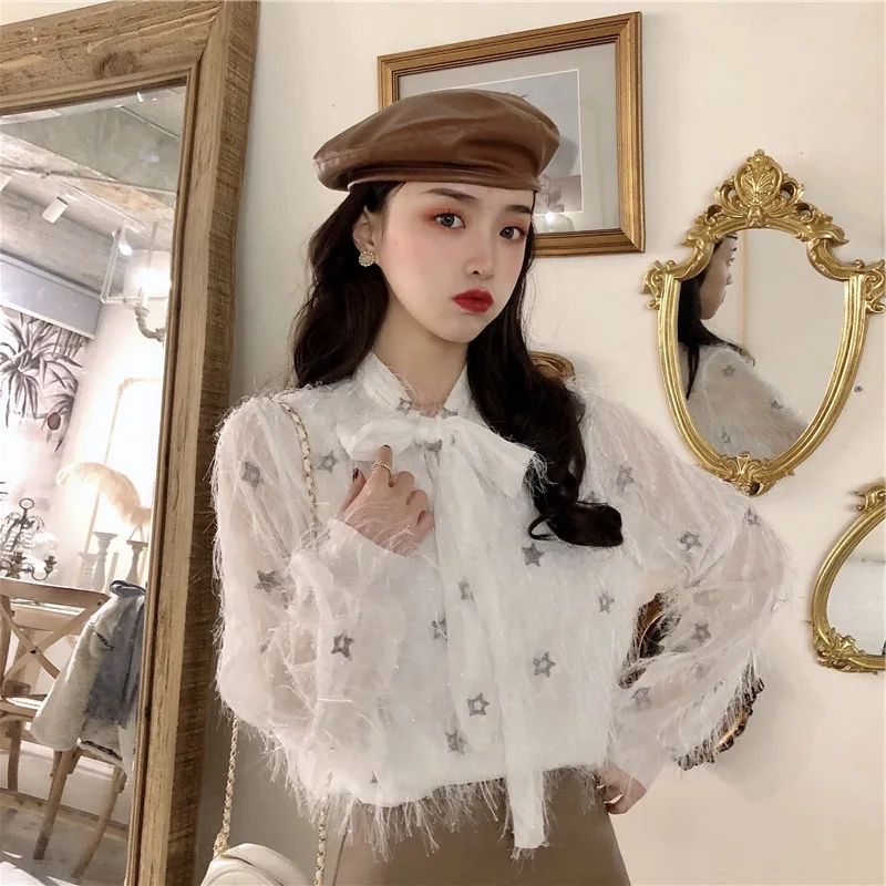 

2019 Autumn And Winter WOMEN'S Dress New Style Korean-style liang jin jin Five-pointed Star Pullover Chiffon Blouse Straight-Cut
