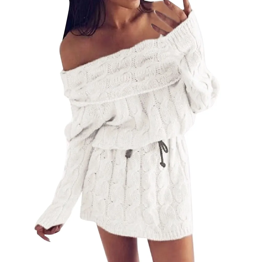 Vestidos ropa mujer, зимний женский вязаный свитер с открытыми плечами, рождественские платья с длинными рукавами, женские вечерние платья