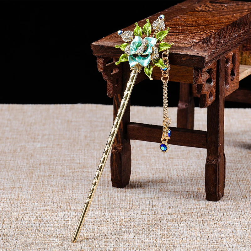 Flower Enamel Hairpin Jewelry Vintage Rhinestone Banquet Hair Stick Pins Women Charm Hair Accessories hair comb,hair accessory,hair clip,hair headdress,hair stick,bridal headwear,pearl hairpins