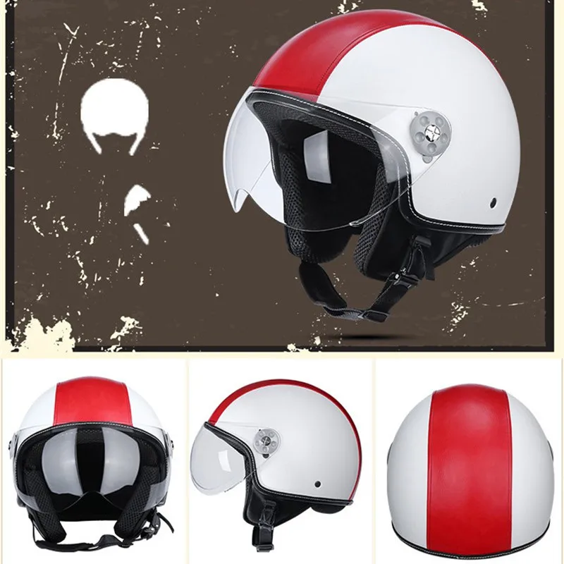 Мотоциклетный шлем в горошек унисекс с открытым лицом Cascos Jet helm винтажный кожаный электрический скутер cascque Ретро M L XL XXL Красный Черный - Цвет: red white