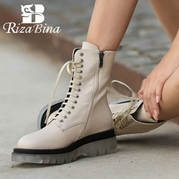 

RIZABINA Women Half Short Boots Real Leather Crystal Sole Women Autumn Winter Short Boots Ladies Footwear Size 34-40