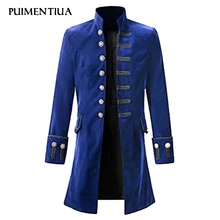 Puimentiua Male Slim Single Breasted Long Blazers Stand Collar Vintage Outwear Patchwork Jackets Gothic Coat blaser masculino