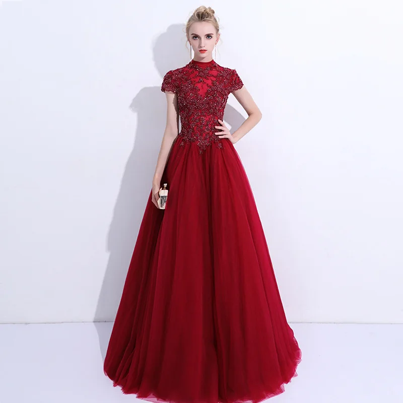 Burgundy Long Кружевное вечернее платье с аппликацией Robe de Soiree Vestido de Fiesta A-Line иллюзионное сексуальное платье Элегантное торжественное платье для выпускного вечера MYX-141 - Цвет: Burgundy Long