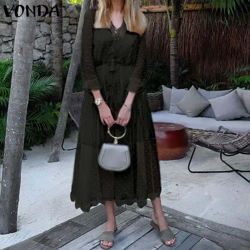 VONDA платье для беременных, сексуальное, в горошек, с кисточками, кружевное, полое, макси, длинное, на бретелях, платье, повседневное, свободное, Vestidos, летнее, сарафан