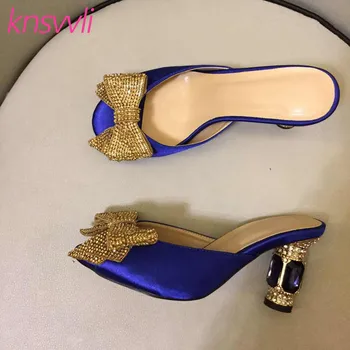 

Crystal Bowknot Glass Heel Slippers Women Pumps Runway Party Shoes Woman Rhinestone Strange Style High Heel Mules Shoes Women