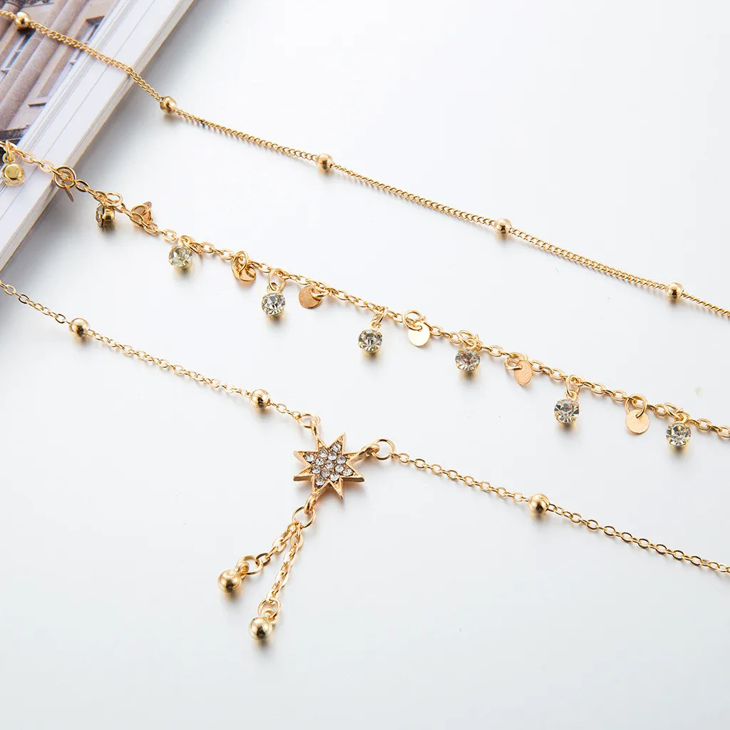 Fashion Rice Beads Beaded Six-pointed Star Pendant Alloy Anklet 3 Piece Set Ankle Bracelet Chain anklets for women Accessories