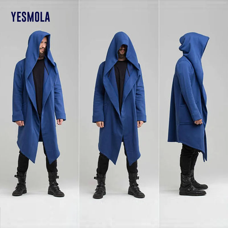 YESMOLA Men's Coat Warm Long Cardigan Cloak Coat Hooded Sweater Hip Hop Mantle Hoodies 2021 Autumn Winter Solid Sweatshirts