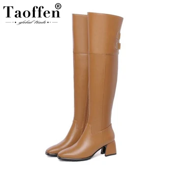 

Taoffen 2020 Real Leather Women Winter Over Knee Boots Pointed Toe Zipper Warm Long Boots Sexy Office Footwear Shoes Size 34-43